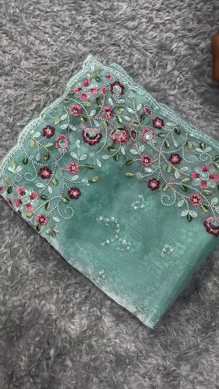 Sheer Grey Organza Fabric with Intricate Pink Floral Embroidery and Sequin Accents – Designer Boutique Material