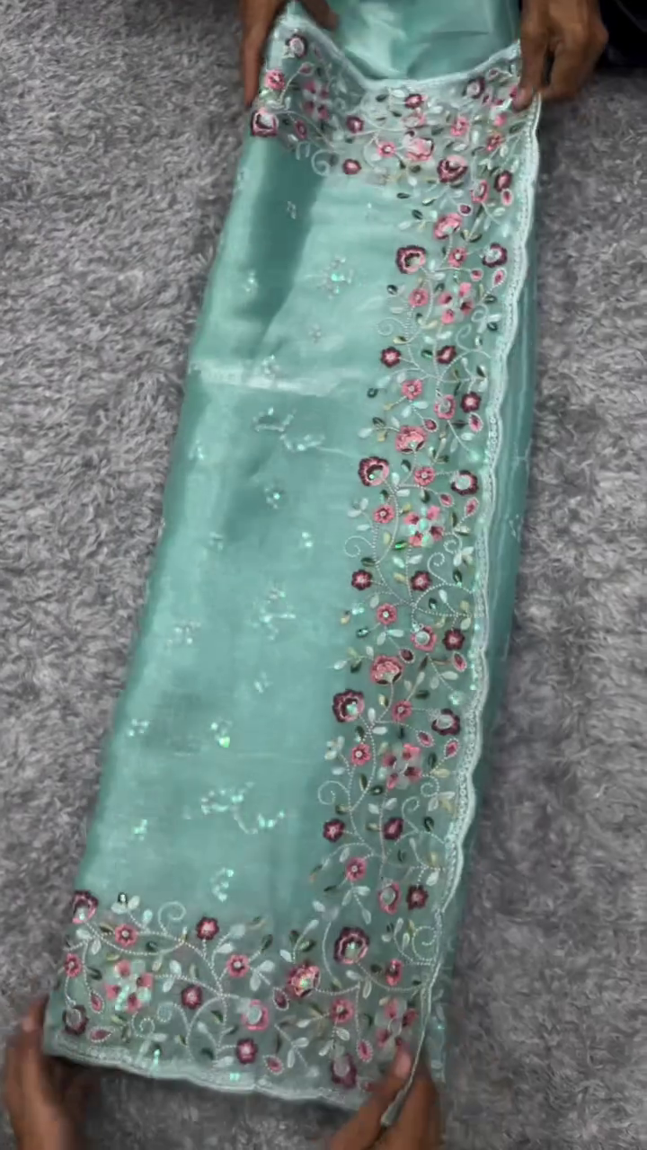 Sheer Grey Organza Fabric with Intricate Pink Floral Embroidery and Sequin Accents – Designer Boutique Material