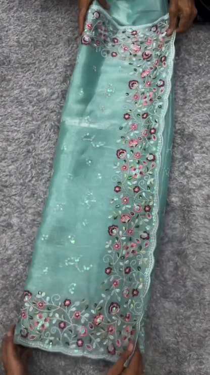 Sheer Grey Organza Fabric with Intricate Pink Floral Embroidery and Sequin Accents – Designer Boutique Material