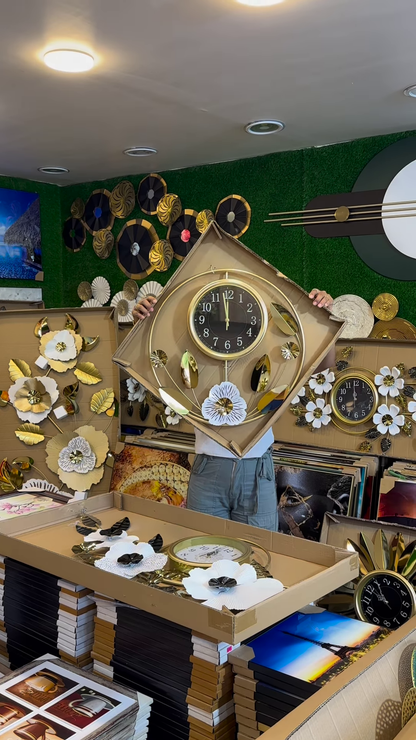 Luxury Large-Scale Floral Wall Clock with Gold and Silver Leaf Accents – Designer Home Decor Statement Piece