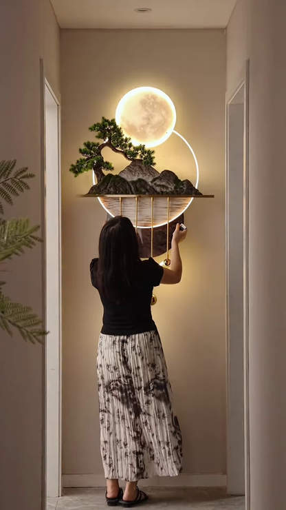 Ethereal Lunar Moon and Bonsai Wall Sculpture with Built-In LED Lighting – Luxury Interior Wall Art