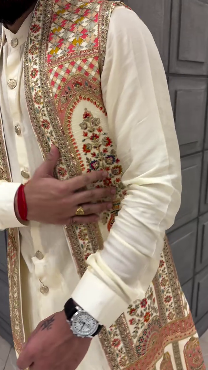 Royal Mustard Yellow Silk-Blend Sherwani for Men with Intricate Multi-Color Embroidery and Mirror Work - Premium Wedding Wear