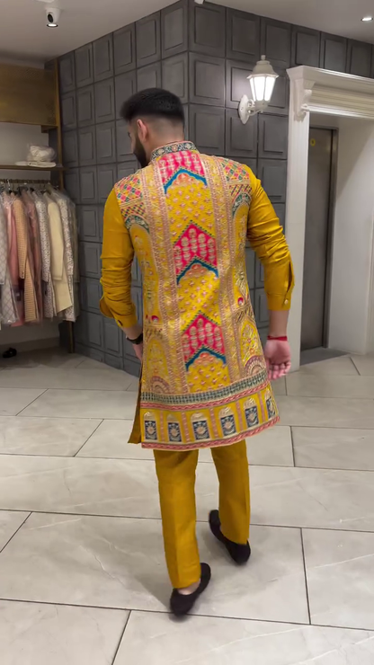 Royal Mustard Yellow Silk-Blend Sherwani for Men with Intricate Multi-Color Embroidery and Mirror Work - Premium Wedding Wear