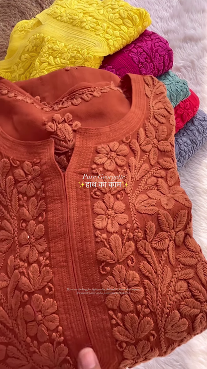 Hand-Embroidered Purple and Pink Pure Georgette Lucknowi Chikankari Kurta - Designer Boutique Ethnic Collection