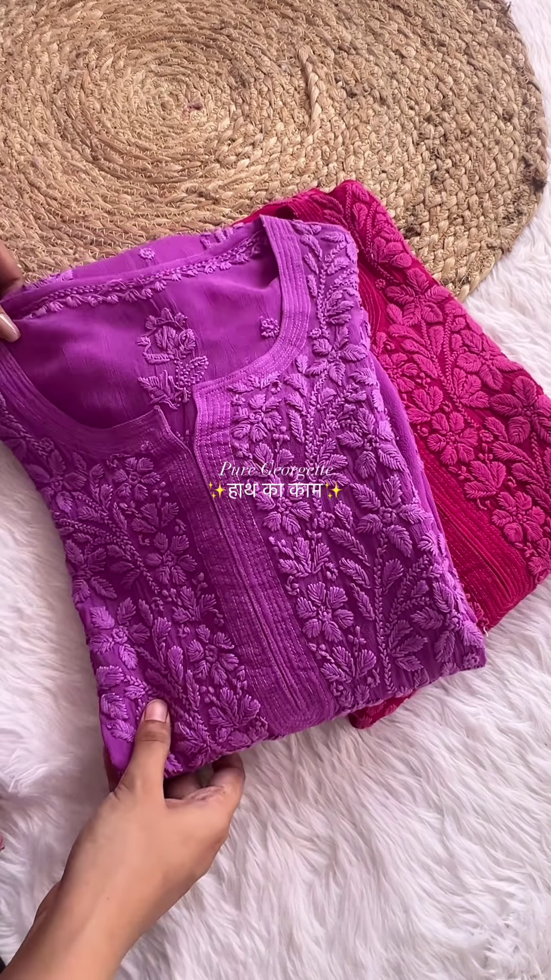 Hand-Embroidered Purple and Pink Pure Georgette Lucknowi Chikankari Kurta - Designer Boutique Ethnic Collection