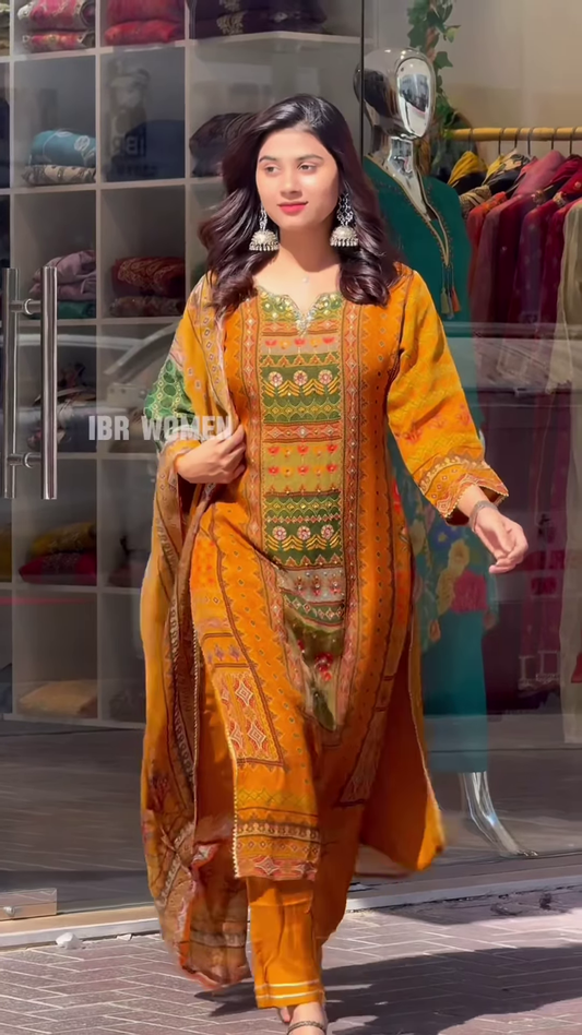Traditional Mustard Orange Printed Salwar Suit with Kashmiri Floral Yoke and Hand-Placed Mirror Details