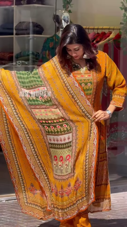 Traditional Mustard Orange Printed Salwar Suit with Kashmiri Floral Yoke and Hand-Placed Mirror Details