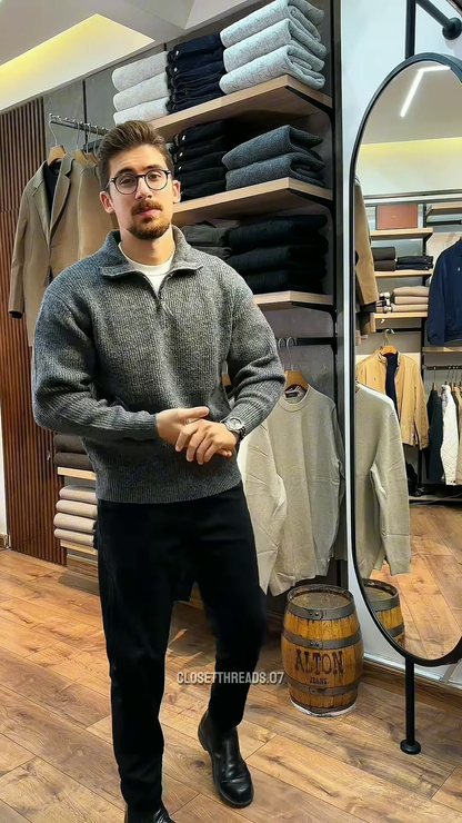 Men’s Premium Ribbed Half-Zip Sweater in Oatmeal Beige - Textured Winter Knitwear for a Polished Look150