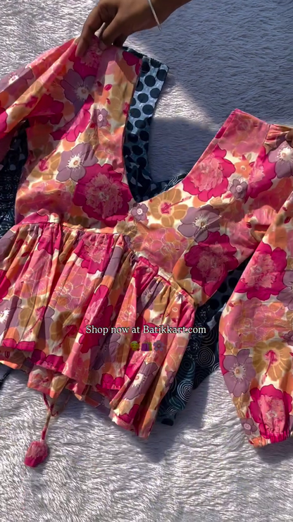 Vibrant Red and White Ikat Print Cotton Dress with Puff Sleeves and Flared Boho Silhouette