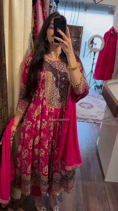 Vibrant Fuchsia Pink Anarkali Suit with Ornate Geometric Yoke and Scattered Floral Print - Festive Ethnic Gown