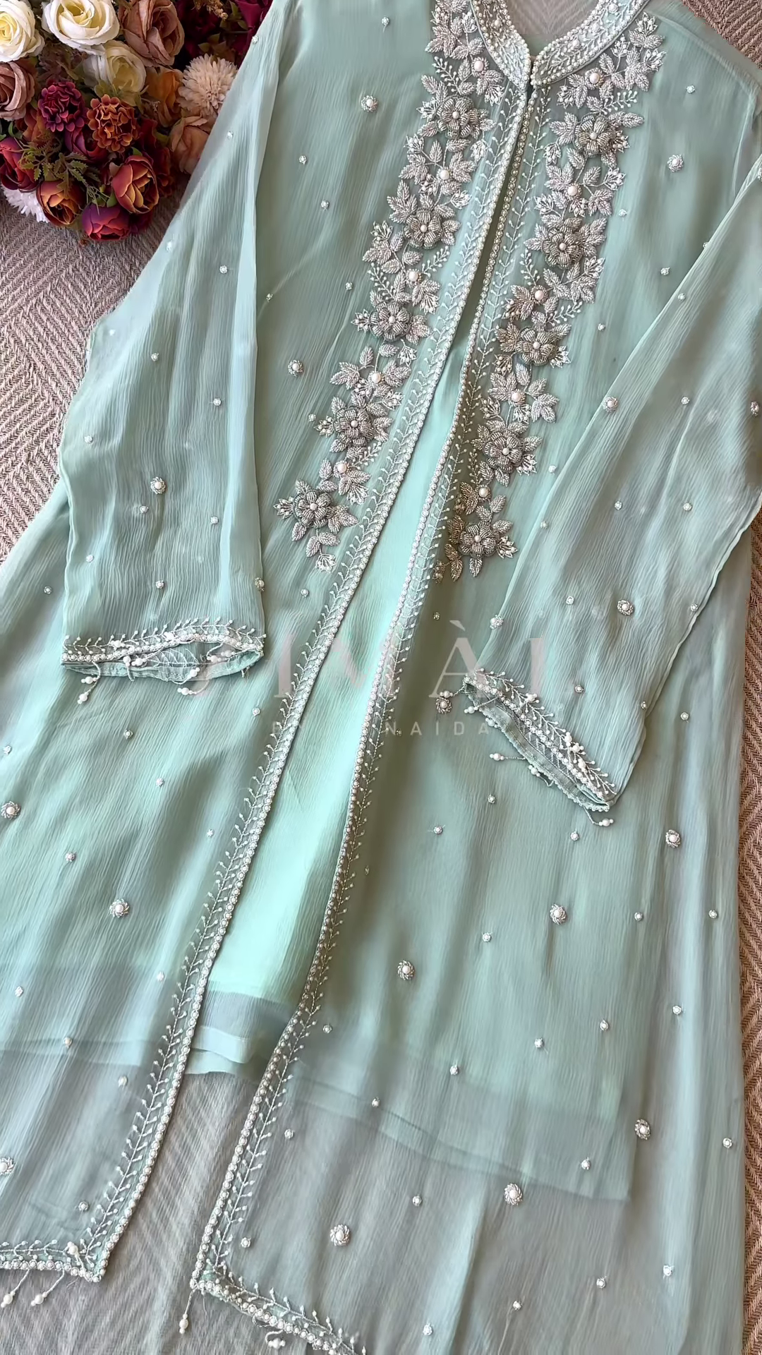 Mint Green Silk-Blend Kurta with Heavy Silver Zari Embroidery and Pearl Accents - Premium Occasion Wear