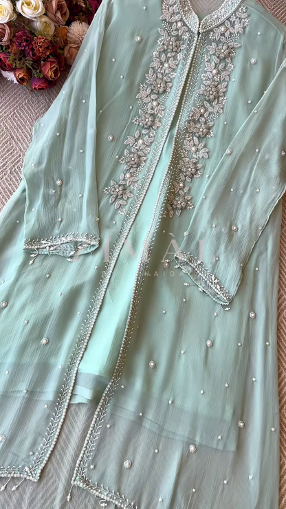 Mint Green Silk-Blend Kurta with Heavy Silver Zari Embroidery and Pearl Accents - Premium Occasion Wear