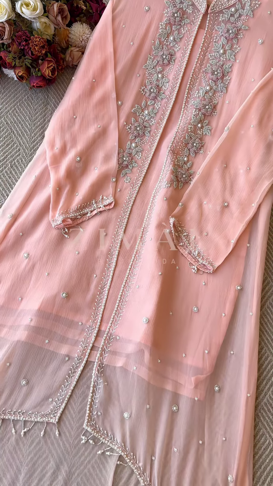 Mint Green Silk-Blend Kurta with Heavy Silver Zari Embroidery and Pearl Accents - Premium Occasion Wear