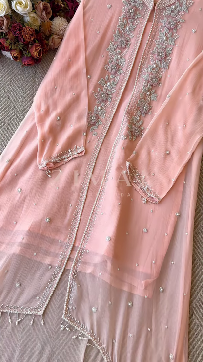 Mint Green Silk-Blend Kurta with Heavy Silver Zari Embroidery and Pearl Accents - Premium Occasion Wear