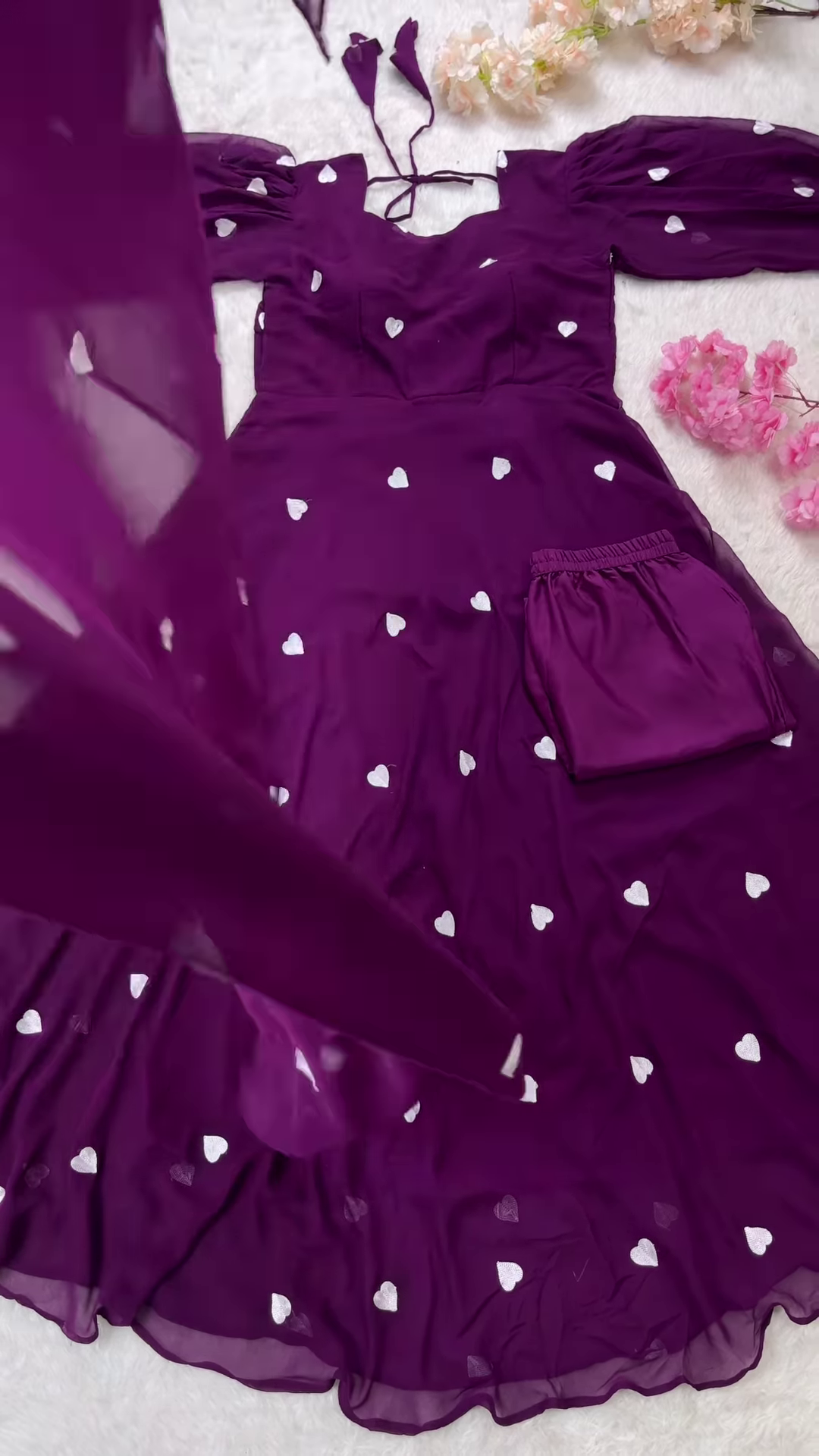 Deep Plum Purple Anarkali Gown with All-Over White Heart Sequin Embroidery - Whimsical Party Wear