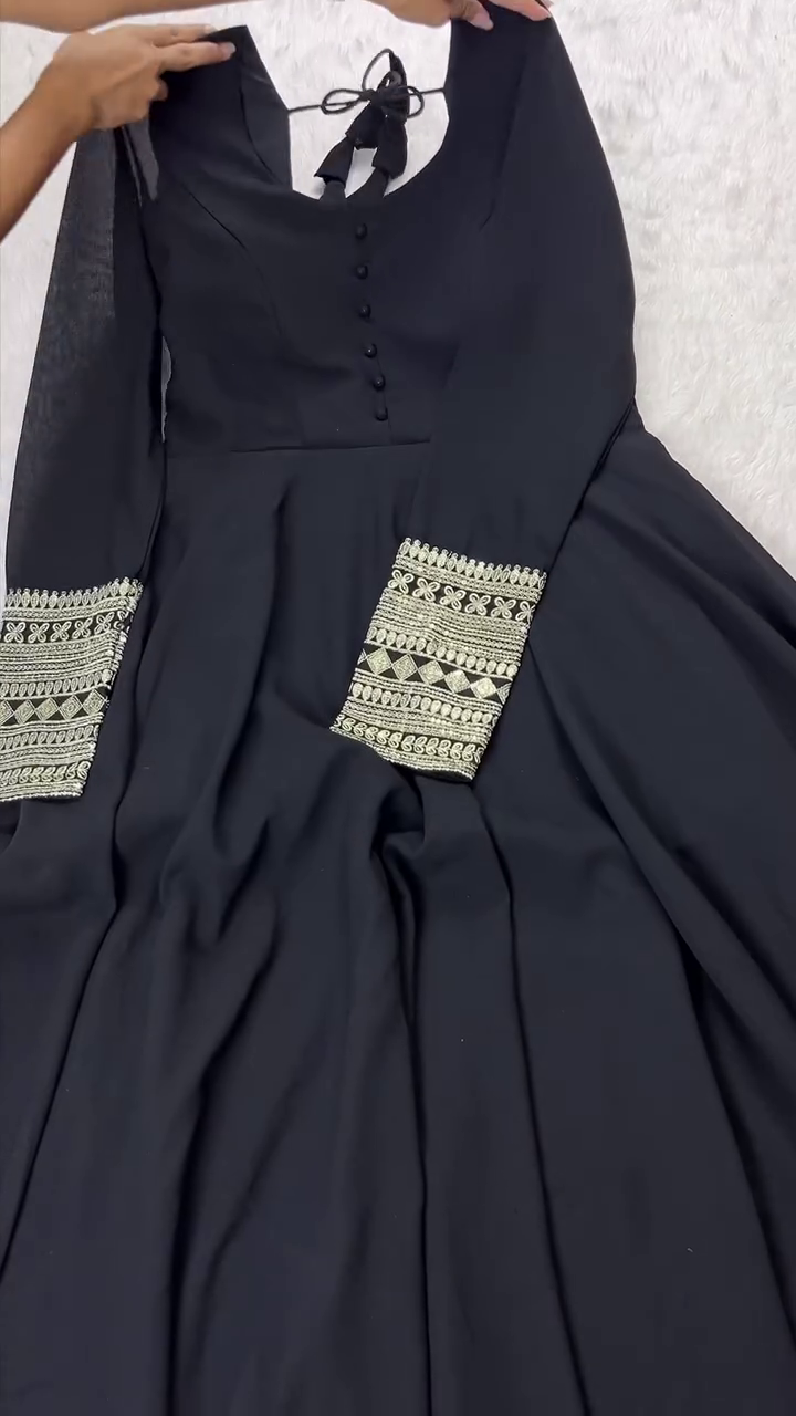 Classic Black Three-Piece Suit with Ornate Silver Zari Sleeve Detailing and Embroidered Dupatta - Sophisticated Evening Wear