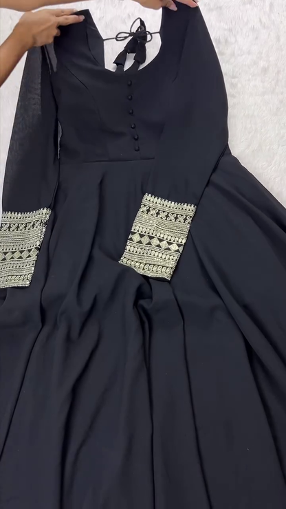 Classic Black Three-Piece Suit with Ornate Silver Zari Sleeve Detailing and Embroidered Dupatta - Sophisticated Evening Wear