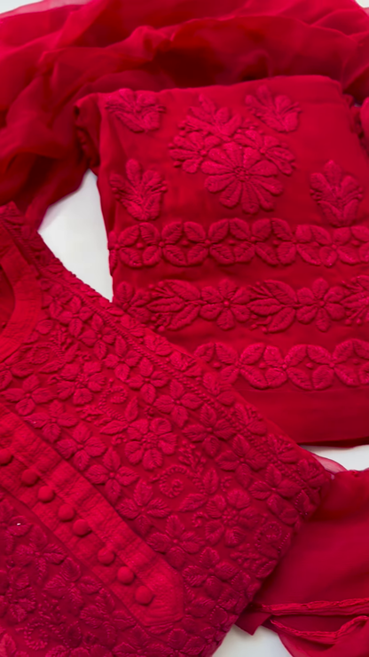 Vibrant Crimson Red Georgette Suit with Dense All-Over Floral Chikankari Embroidery - Royal Festive Collection